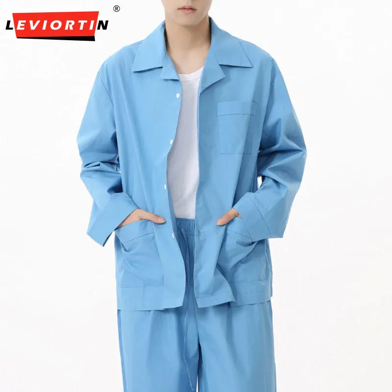 LEVIORTIN Autumn New Product Men's Korean Solid Color Lazy Pocket Collar Loose and Versatile Long Sleeve Shirt Set M6-F-C151