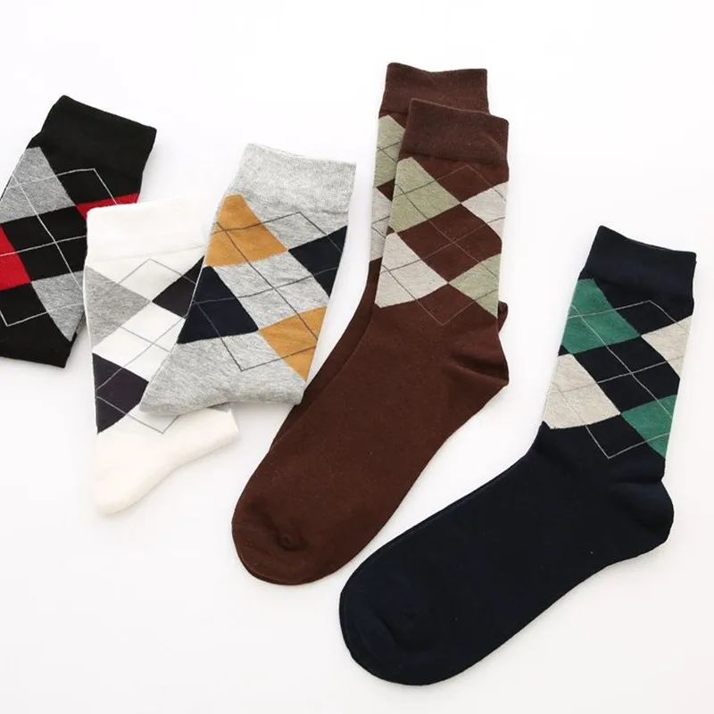 New Winter Socks Men Diamond Rhombus Four Seasons Cotton Leisure Business  Mens Socks Wholesale Mix Colors 10pair/lot