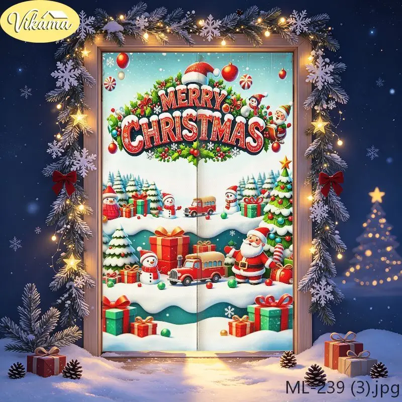 VIKAMA Christmas Cartoon Snow Santa Bus Door Curtain Merry Text Winter Scene Claus Double Decker Snowman Gift Tree Elf Holiday