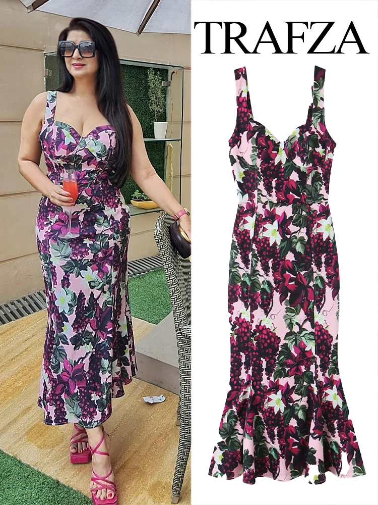 

TRAFZA Women Summer Holiday Wavy Wide Posing Flower Grape Printed Dress Female Sexy Elegant Slim Sleeveless Fishtail Long Dress