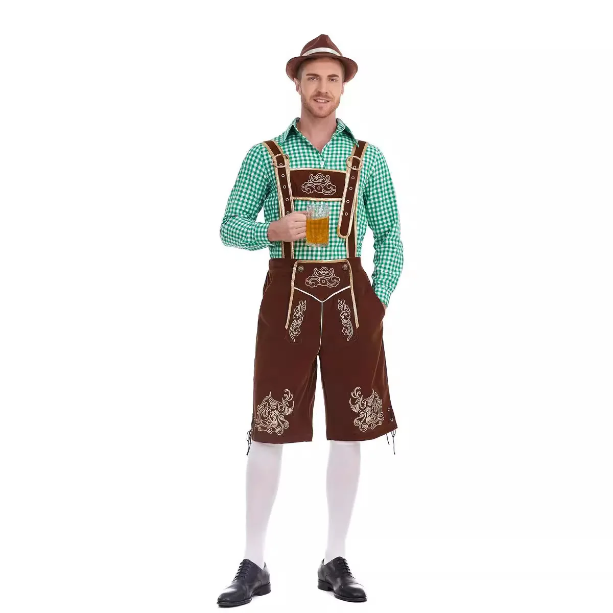 La birra degli uomini dell'oktoberfest bavarese tedesco indossa il vestito delle bretelle della camicia scozzese per adulti