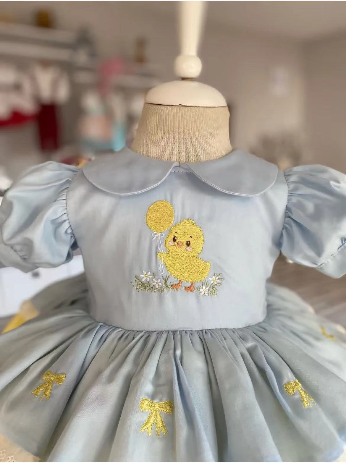 0-12Y Baby Girl Summer Light Blue Embroidery Vintage Princess Dress for Birthday Photography Holiday Eid B545
