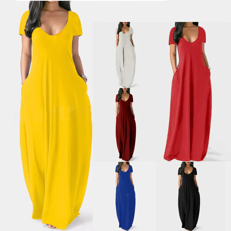 

New Summer Models Large-size Women's Solid-color Dress Sexy Deep V Short-sleeved Long Dress 2025 Europe America