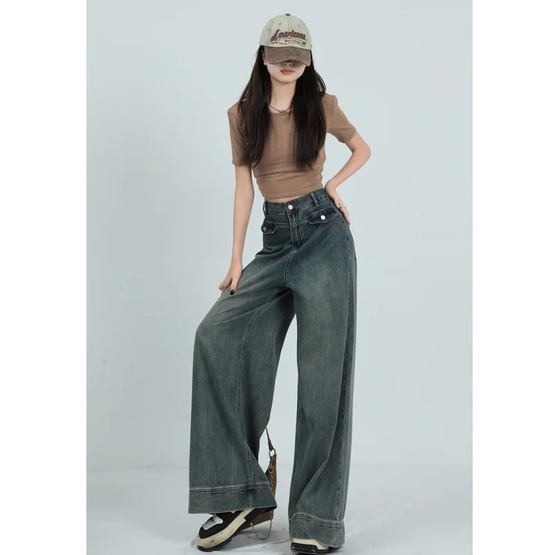 

Blue Jeans Women Spliced Streetwear Fashion Y2K High Waist American Wide Leg Pants Denim Female Pants Autumn Straight Trousers