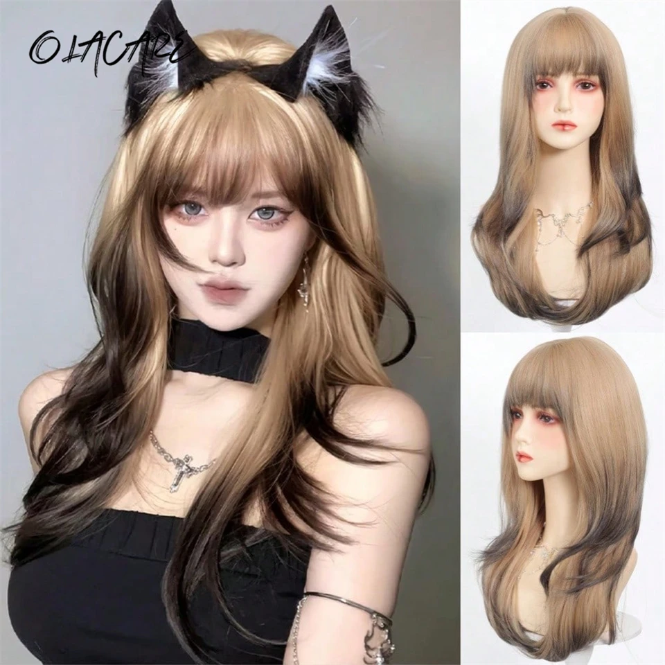 

OLACARE Halloween Long Straight Silver White Gradient Wig With Bangs For Women Daily Party Cosplay Synthetic Wigs With Fluffy Ba