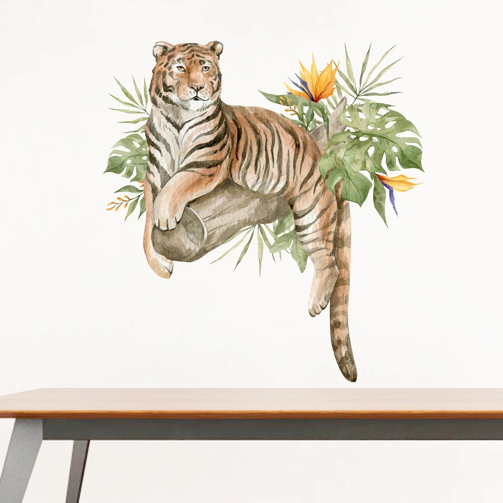 Watercolor Tiger on tree Wall Stickers for Bedroom Living Room Decoration Flowers Leaf DIY Wall Decals Remvoable PVC Art Murals