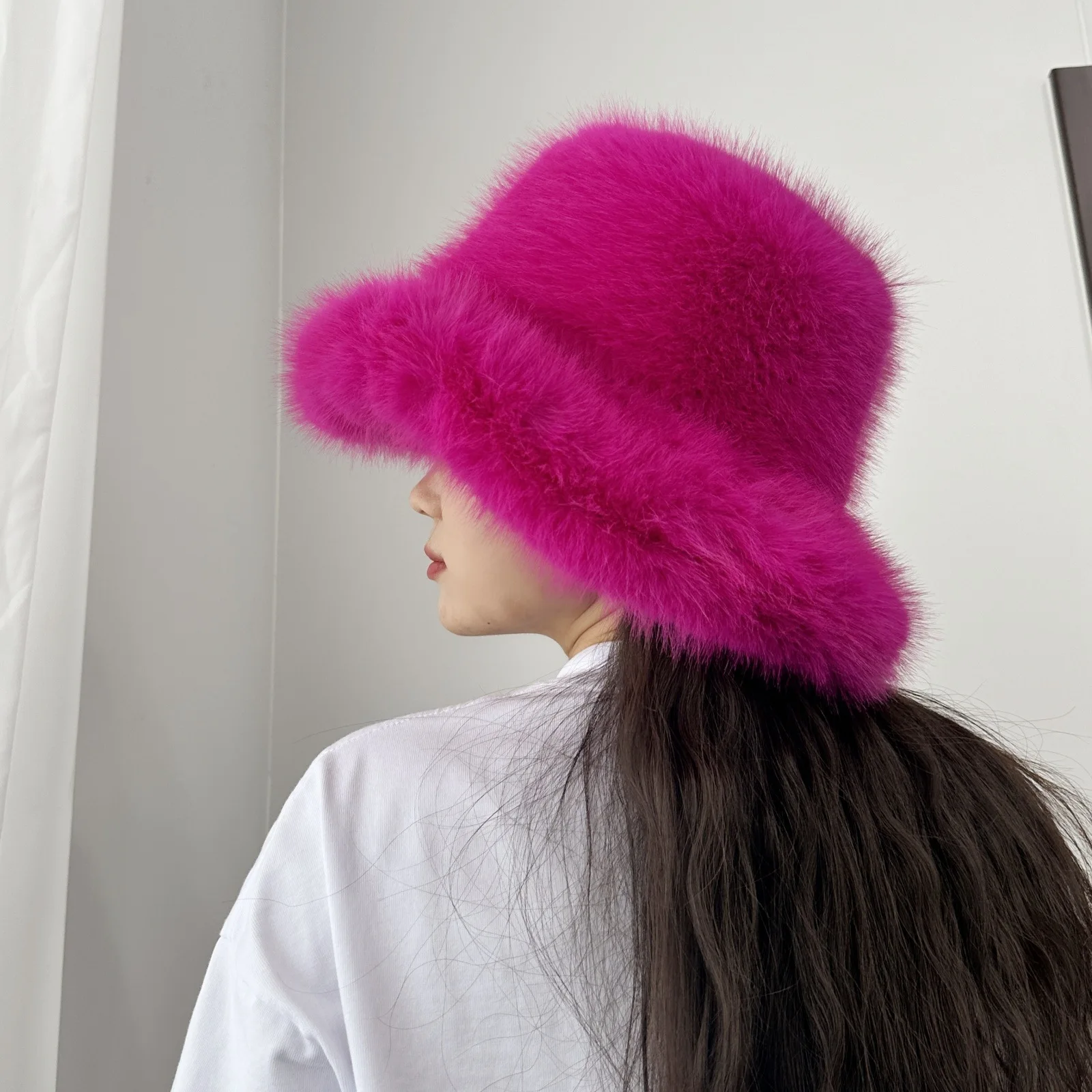 Imitation Fox Fu Bucket Hat Pink White Blue Windproof Winter Wide Brim Sombreros Caps Russian Warm Furry Skit Hat Chapeau Femme
