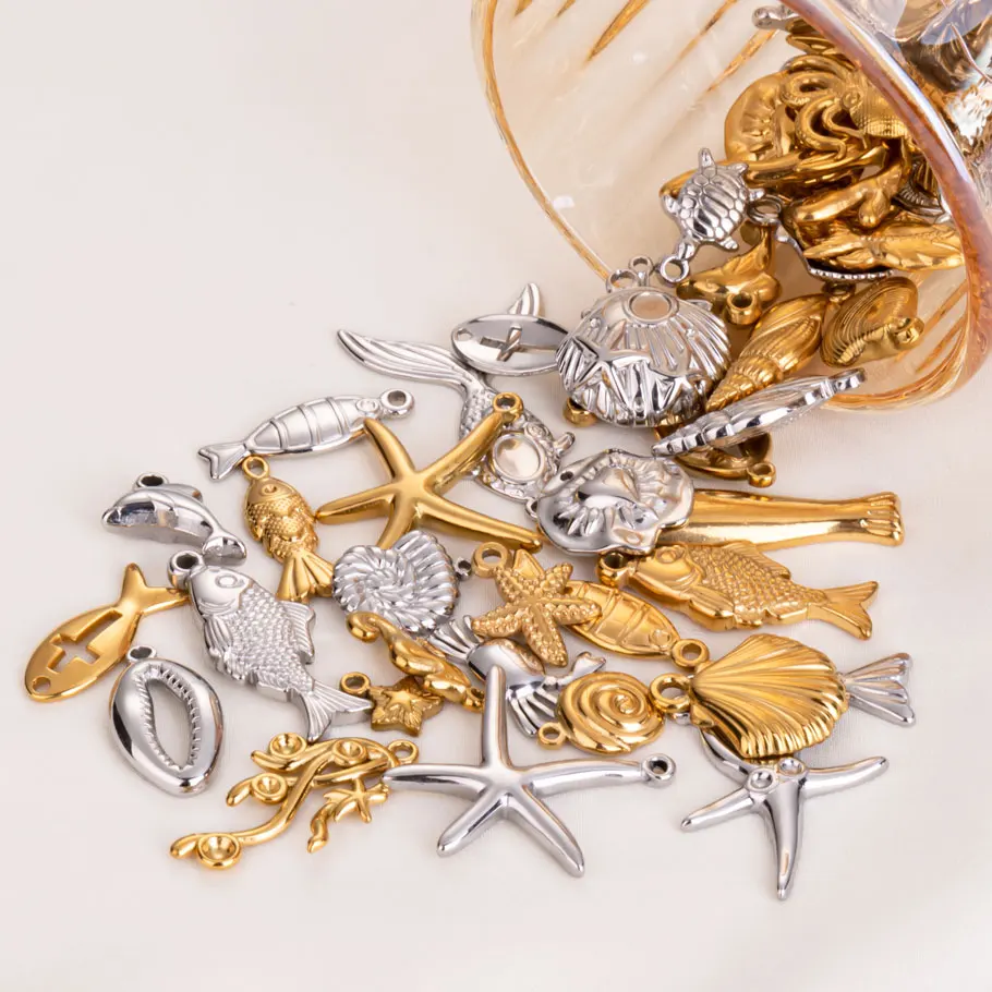 10pcs Mix Color Stainless Steel Ocean Element Charm Pendant Dolphin Octopus Hippocampus Shell Fish Pendants DIY Beach Jewelry