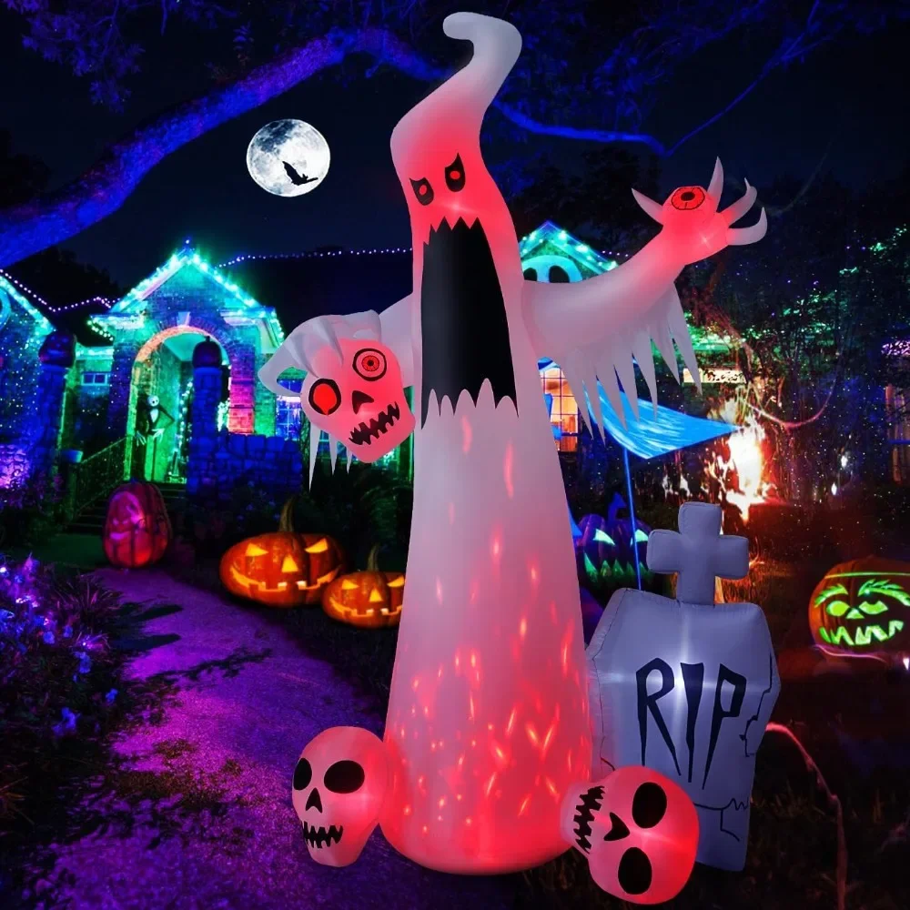 

12 FT Halloween Inflatables Outdoor Halloween White Ghost with 3 Skull Heads Bleeding Eyeball Tombstone Halloween Decorations