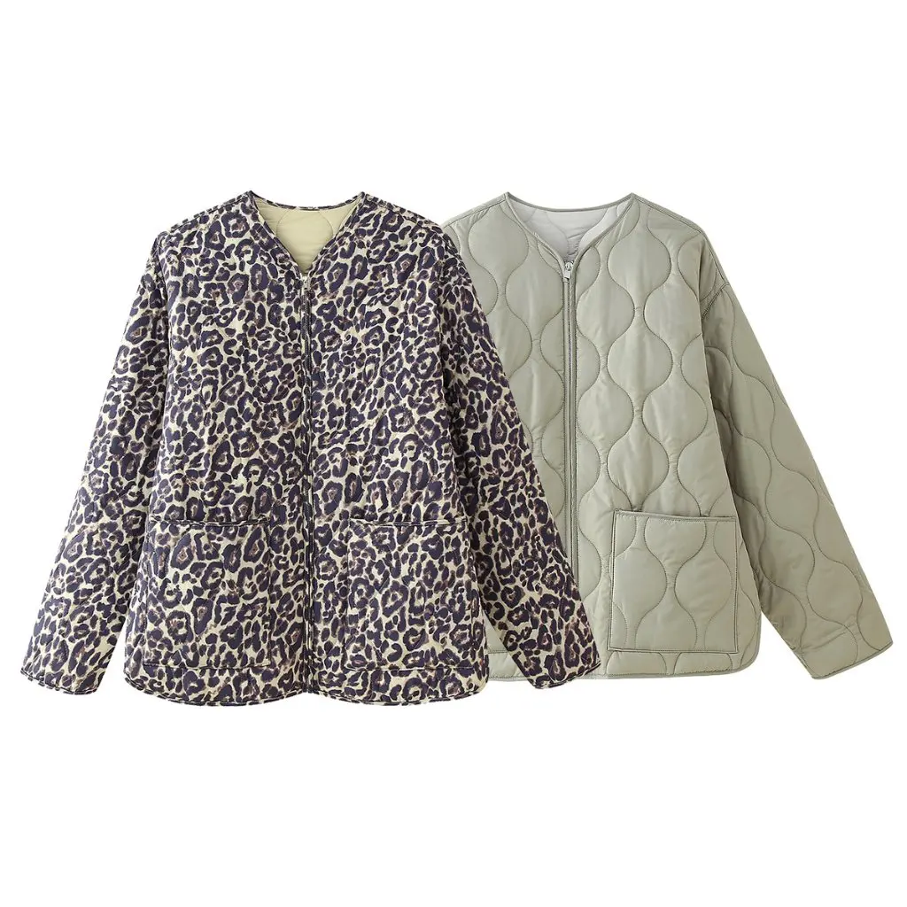 Giacca imbottita in cotone da donna Stampa leopardata Moda Joker Stile Autunno Abbigliamento stile europeo americano D16490