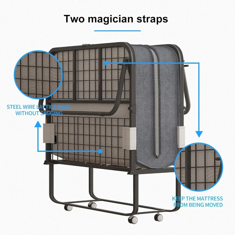 سرير قابل للطي مع 5 مرتبة إسفنجية ميموري، سرير قابل للطي بإطار معدني وعجلات قابلة للقفل، سرير ضيوف محمول للراحة