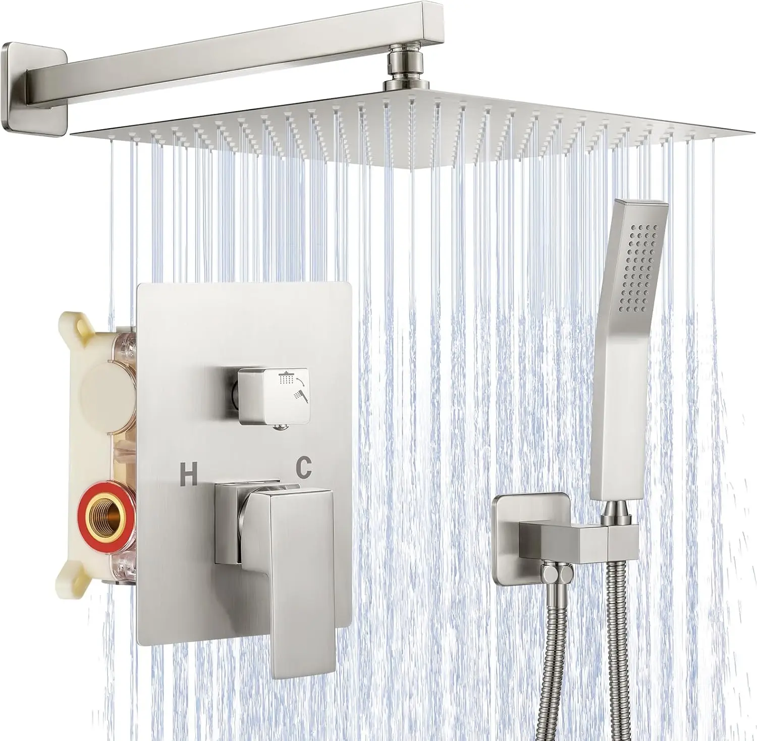 12 Inch Brushed Nickel Shower System, Wall Mounted High Pressure Rain Shower Head with Bathroom Rough in Valve Body and Trim