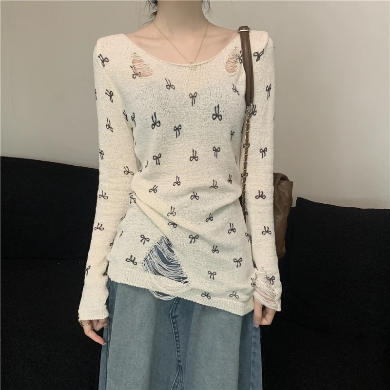   Protezione solare lavorata a maglia con nodo stampato irt Top estivo da donna con design a foro dimagrante sottile lungo in seta di ghiaccio Sve