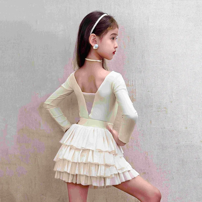 

Autumn Winter Latin Dance Clothes For Girls Practice Wear Beige Tops Ruffled Skirt Long Sleeves Latin Practice Dress 、
