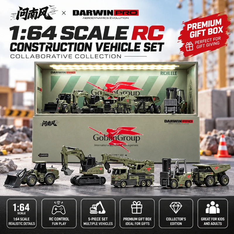 WenNanFeng 1:64 RC Construction Vehicle Set, 5-Piece Remote Control Engineering Truck Collection, Premium Collector's Gift Box