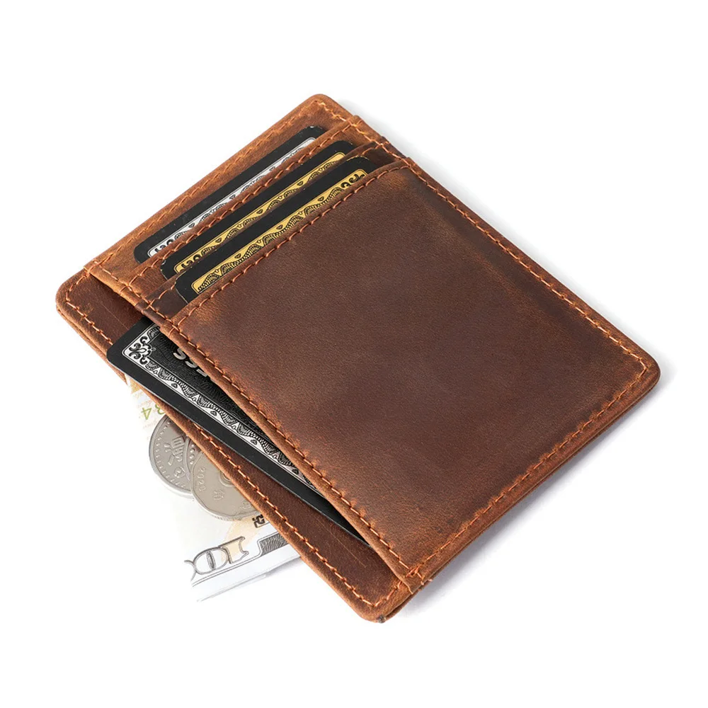 Slim Leather Card Holder Crazy Horse Minimalist Wallet Vintage Top Grain Credit Card Case Front Pocket Purse with ID Window