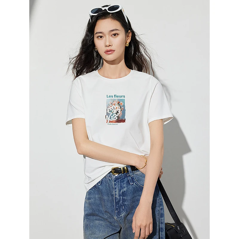 TOYOUTH Women T-shirt 2024 Summer New Casual Round Neck Fashion Printed Cotton Tops