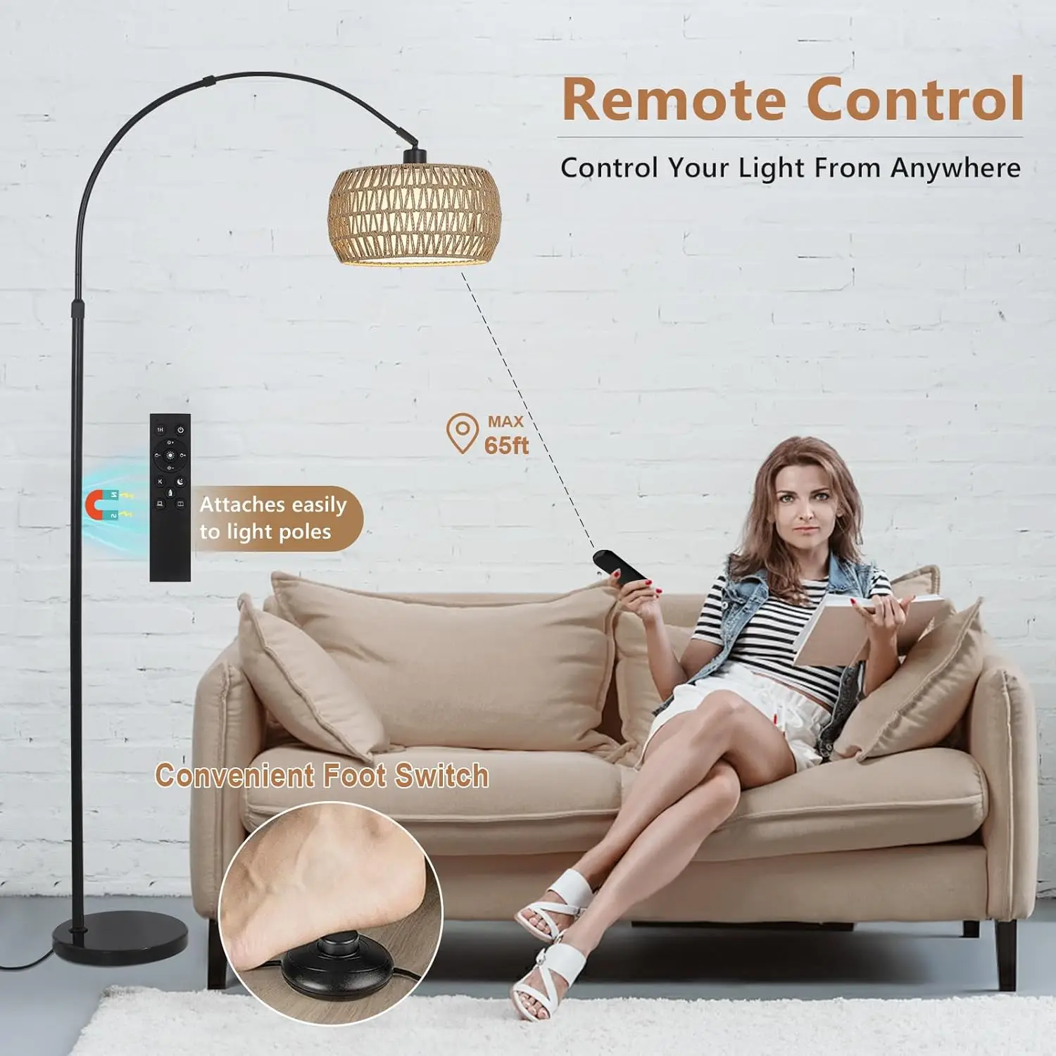Adjustable Arc Floor Lamp with Remote, Dimmable LED Bulb, Rattan Shade for Living Room & Bedroom