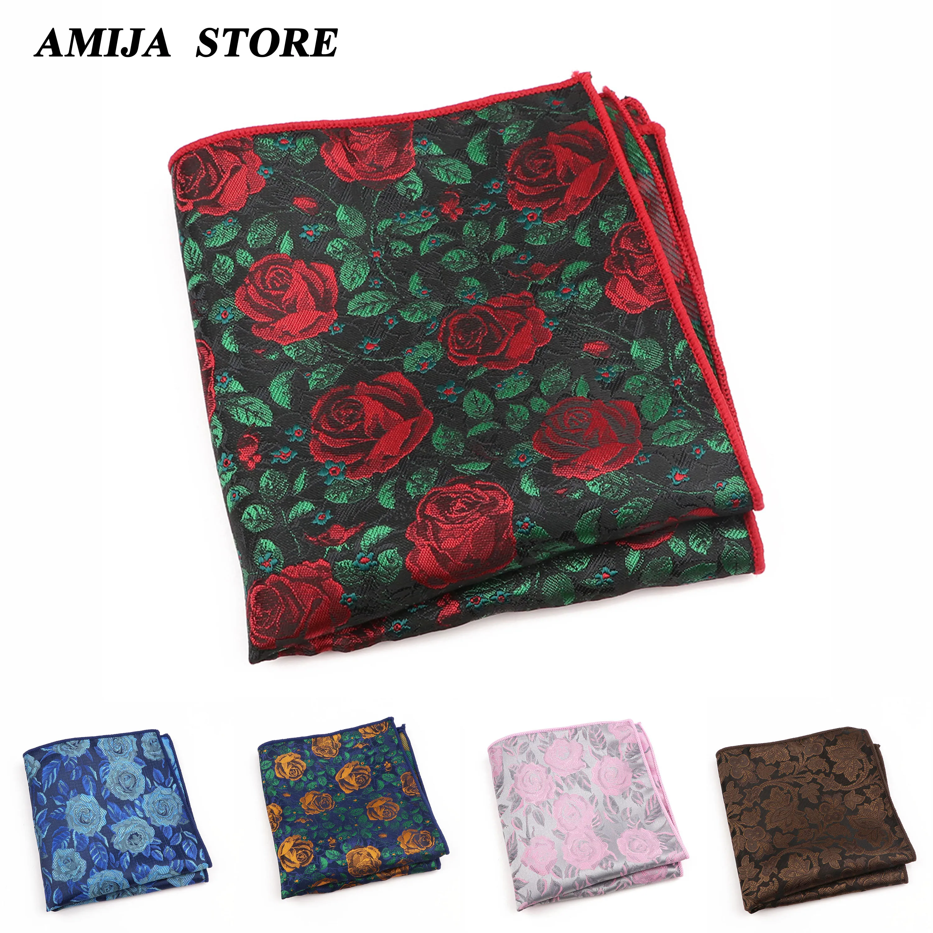 Hot Floral Handkerchief Rose Print Pocket Square For Women Men Wedding Party Hankie Daily Suit Gift Tuxedo Office Tie Accessorie