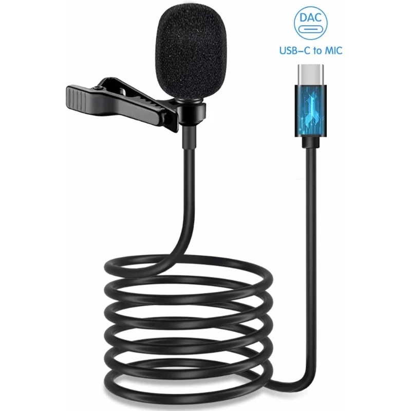 Microfone lapela omnidirecional USB C com 2 m para streaming PC videoconferência