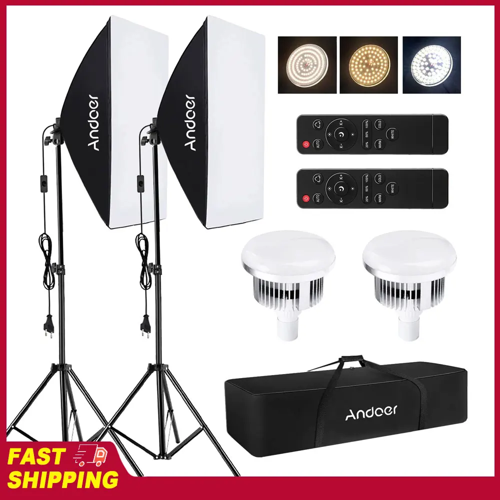 Andoer Softbox Lighting Set Studio Photography Light Kit with 85W 2800K-5700K LED Light/ 50x70cm Softbox/ 2m Stand for Video