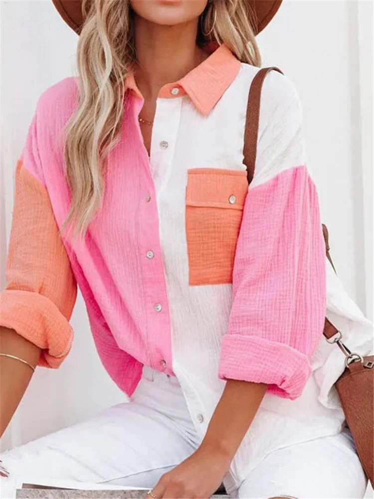 Vrouw Zoete Roze Patchwork Katoenen Shirts 2022 Lente Casual Vrouwelijke Losse Lange Mouwen Dames Chic Oversized Button Tops