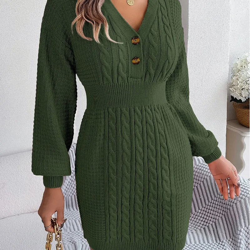Autumn and Winter Women's Pullover Solid Button V-Neck Lantern Sleeve Slim Fit Wrap Hip Sweater Fashion Elegant Casual Dress