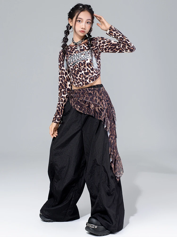 Costume da ballo jazz per ragazze Spettacolo scolastico per bambini Abbigliamento da spettacolo Stampa leopardata Crop Top Pantaloni Shuffle Kpop Outfit Streetwear 4572