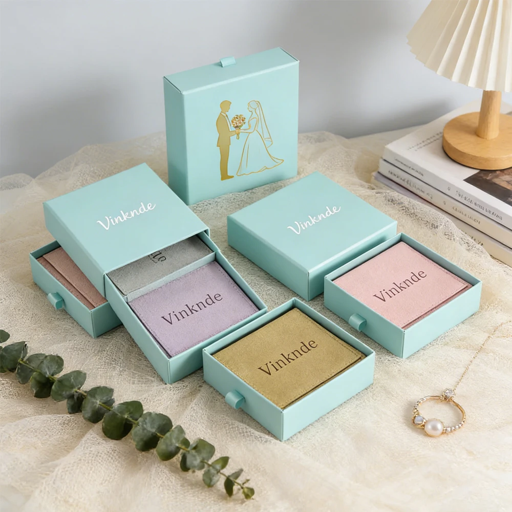 

50Pcs Personalized Paper Drawer Jewelry Box with Microfiber Gift Bag Pouch Custom Logo Small Jewelry Christmas Wedding Packaging