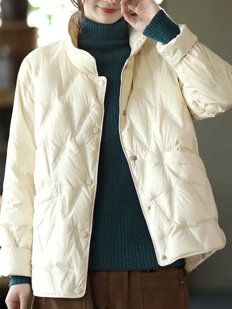 Chaqueta de plumón de pato para mujer, abrigo corto cálido de una sola botonadura, Parka blanca, prendas de vestir para la nieve, otoño e invierno,