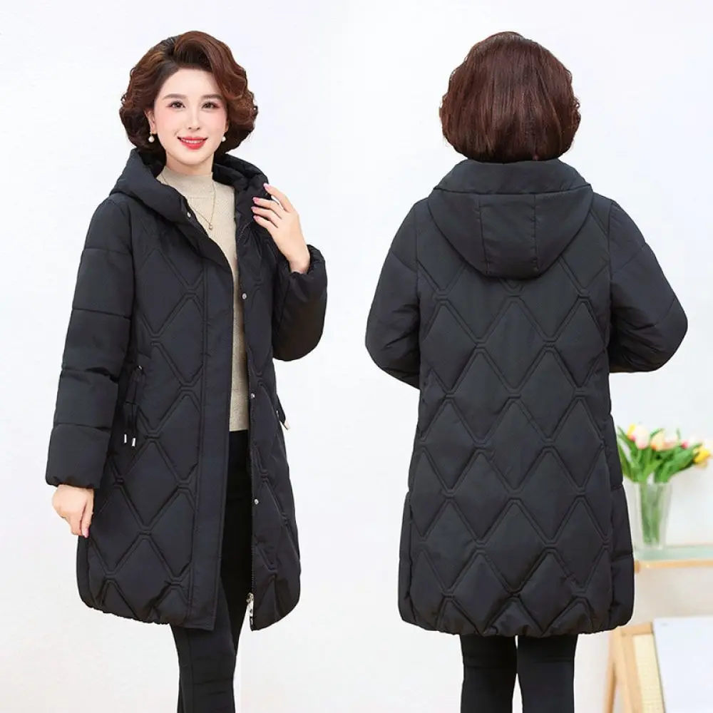 Womens Over Knee Cotton Padded Parka Winter Hooded Warm Loose Thickened Outwear Elegant Mature Mother Casual Coat Plus Size