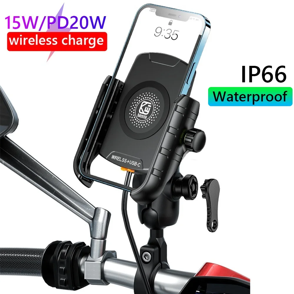 

Motorcycle Phone Holder Qi 15W Wireless Charger USB C 20W Fast Charging Double Socket Stem Aluminum Waterproof Cell Phone Mount