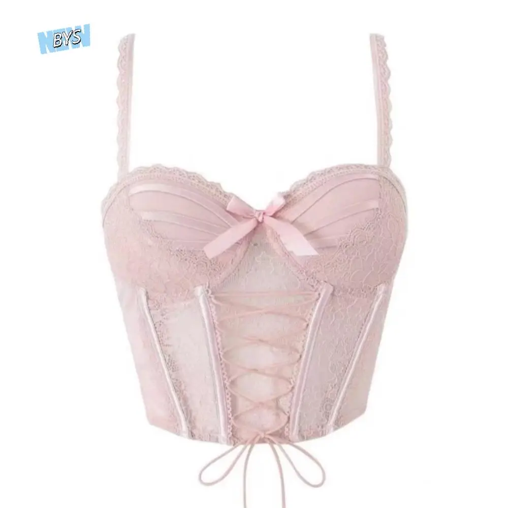 

Fashion Ruffle Lace Flower Camisole Strappy Fishbone Lace Corset Sleeveless Bowknot Slim Crop Tops Spicy Girls