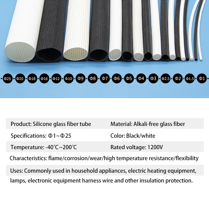 Fiberglass Tube 1~25mm Silicone Resin Coated Insulated Soft Chemical Glass Fiber Braided Sleeve High Temperature Pipe Wire Wrap