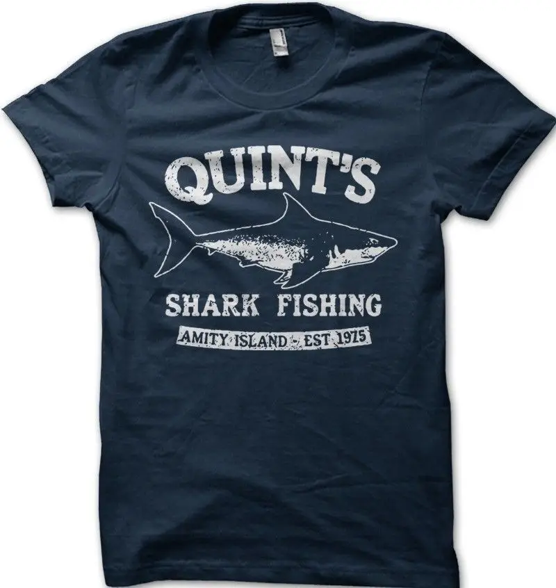 Quints Shark Fishing JAWS Amity Island 1975 navy printed t-shirt FN9401