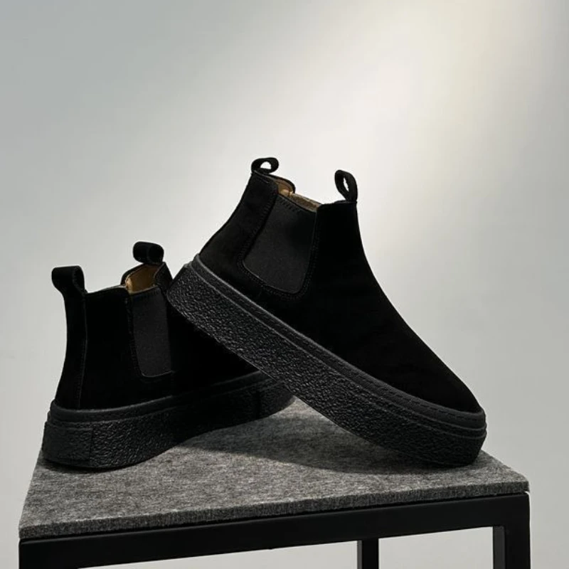 

British Style Men's Simple Stylish Mid High Top Chelsea Boots Versatile Vintage Slip On Platform Thick Sole Trendy Short Boots