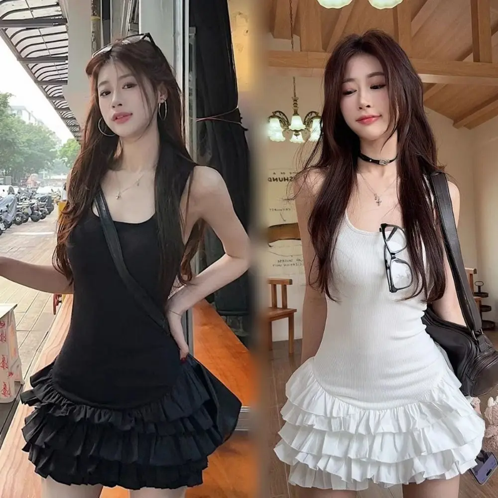 Abito slim fit con scollo quadrato stile balletto senza maniche gonna corta da donna piccante stile ragazza con volant abito a canotta con scollo all'americana