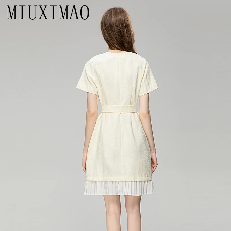 MIUXIMAO 2023 Fall Dress  Fashion Slim Short Sleeve Jacquard O-neck  Ruched Tank Dress Women Vestidos Mini Dress Belt