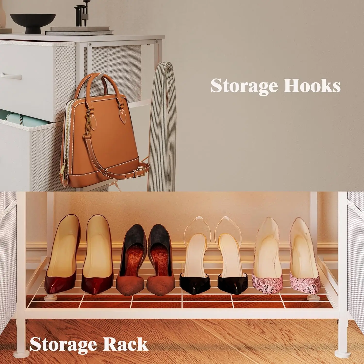 خزانة ملابس بيضاء مقاس 55 بوصة مع أضواء LED ومحطة شحن ورف معلق و10 أدراج لتخزين غرفة النوم