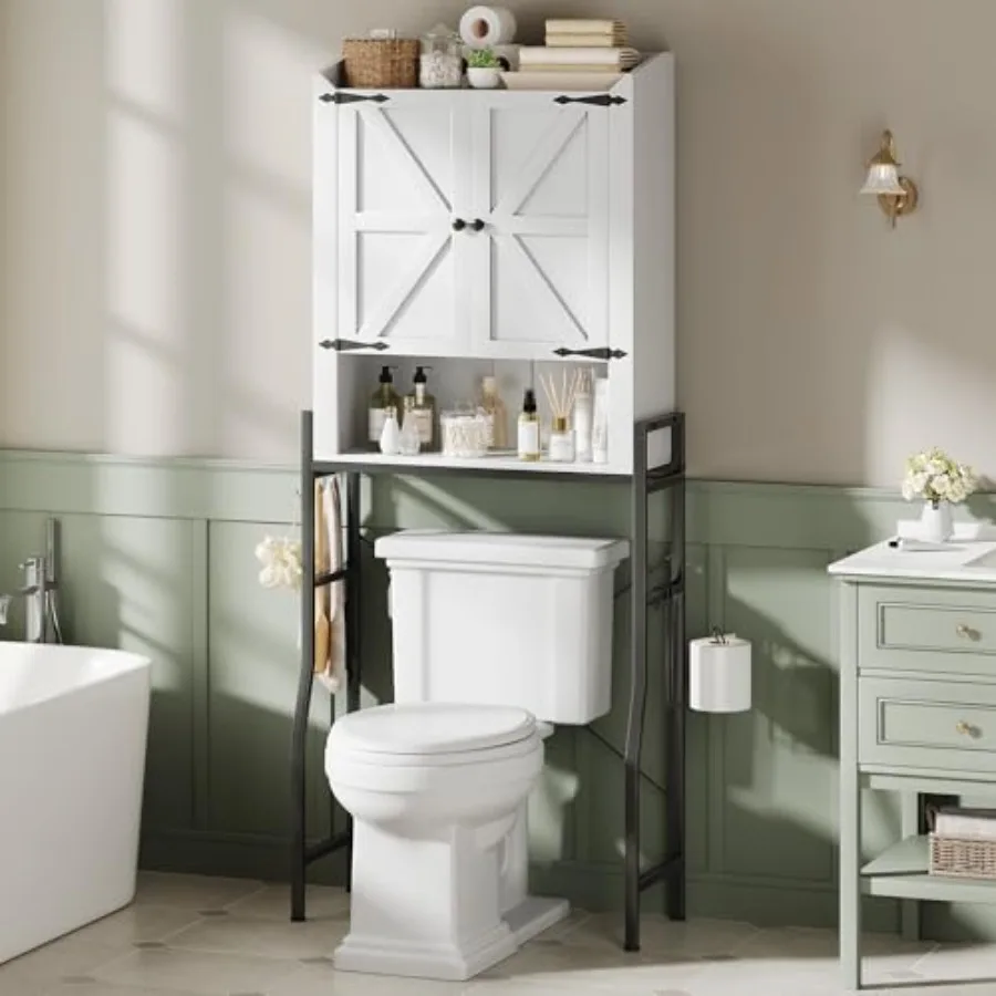 Over The Toilet Storage Cabinet with 2-Door Metal Stand, White for Bathroom Use, MDF and Metal, Space-Saving Design