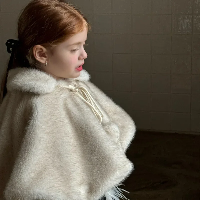 Girls Coat 2024 Winter New Childrens Clothes Girls Baby Foreign Style High-grade Retro Fur Shawl Coat Casual Simple Daily