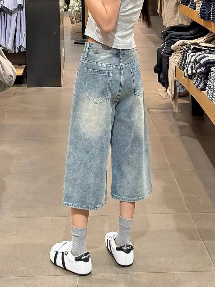 Retro American Washed Straight Leg Denim Jeans Women's Summer New Star Print Hole Seven-Five High Waist Jeans Casual Breathable