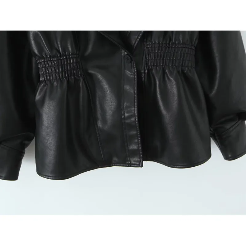 Autumn Women Fake Two Pieces Design Faux PU Leather Jacket Stand Collar Elastic Waist Long Sleeve Female Biker Jacket Streetwear