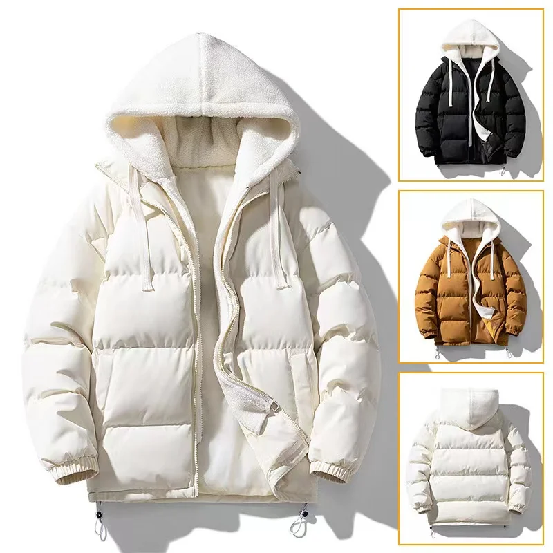 

Winter New Men's Fake Two piece Hooded Cotton Coat with Velvet and Thickened Warmth Breadwear Youth High Quality Cotton Coat