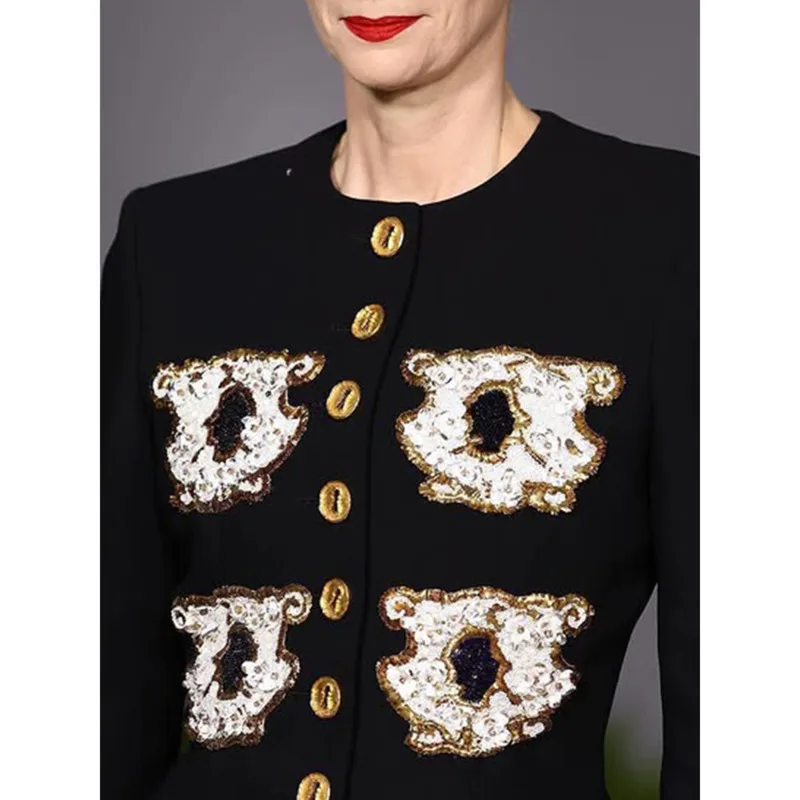 HUISONG Personality Pattern Patchwork Long Coat Round Neck Long Sleeve Hit Color Elegant Jacket Female Fashion Autumn Winter