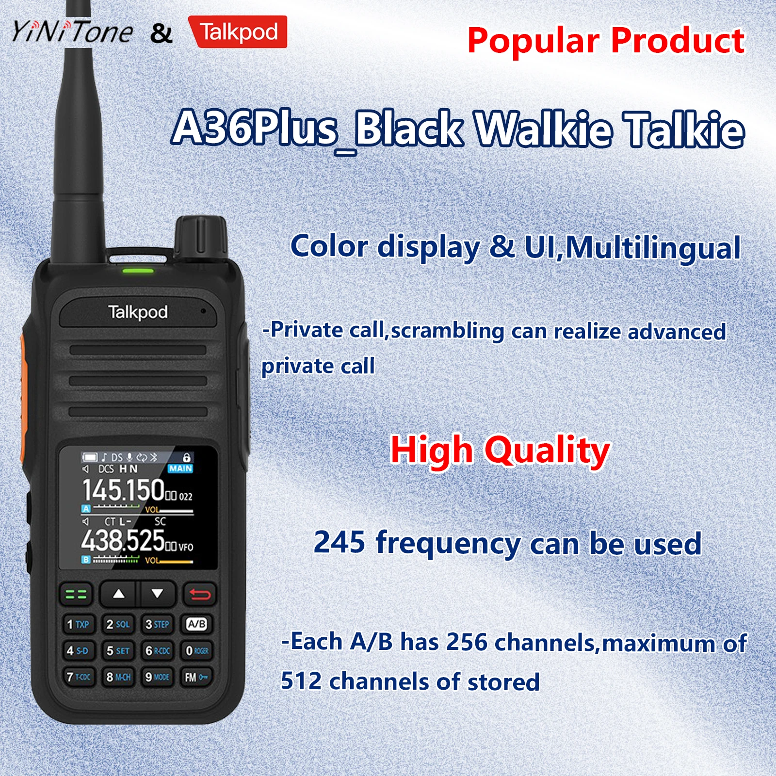 Black Waterproof UHF/VHF/AM/FM Multi-Band A36plus Portable Two Way Radio Multi-Function with Color Display Type-C Transceivers