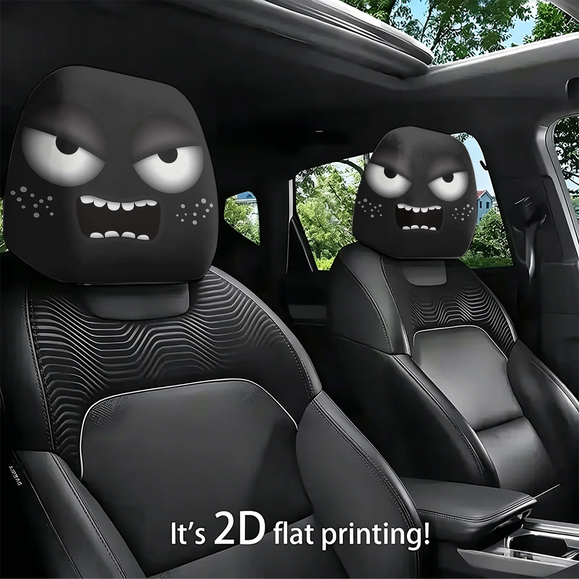 2pcs car headrest covers with angry-eyed expressions, bringing a fun and avant-garde style to your car’s interior. Filling not i