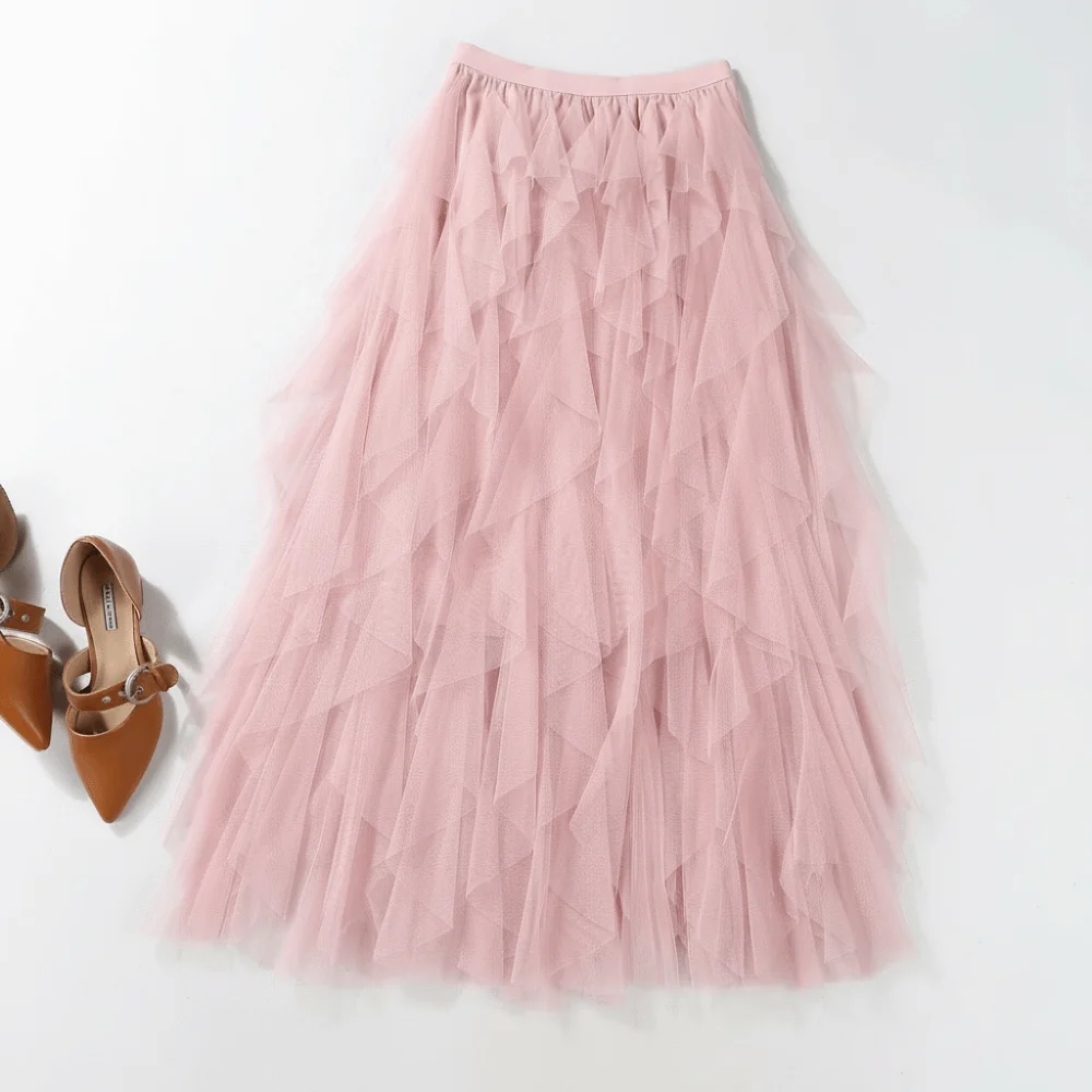

Fashion Elastic High Waist Irregular Tulle Skirt Multi-layer Elegant A-line Skirt Puffy Long Skirt Women