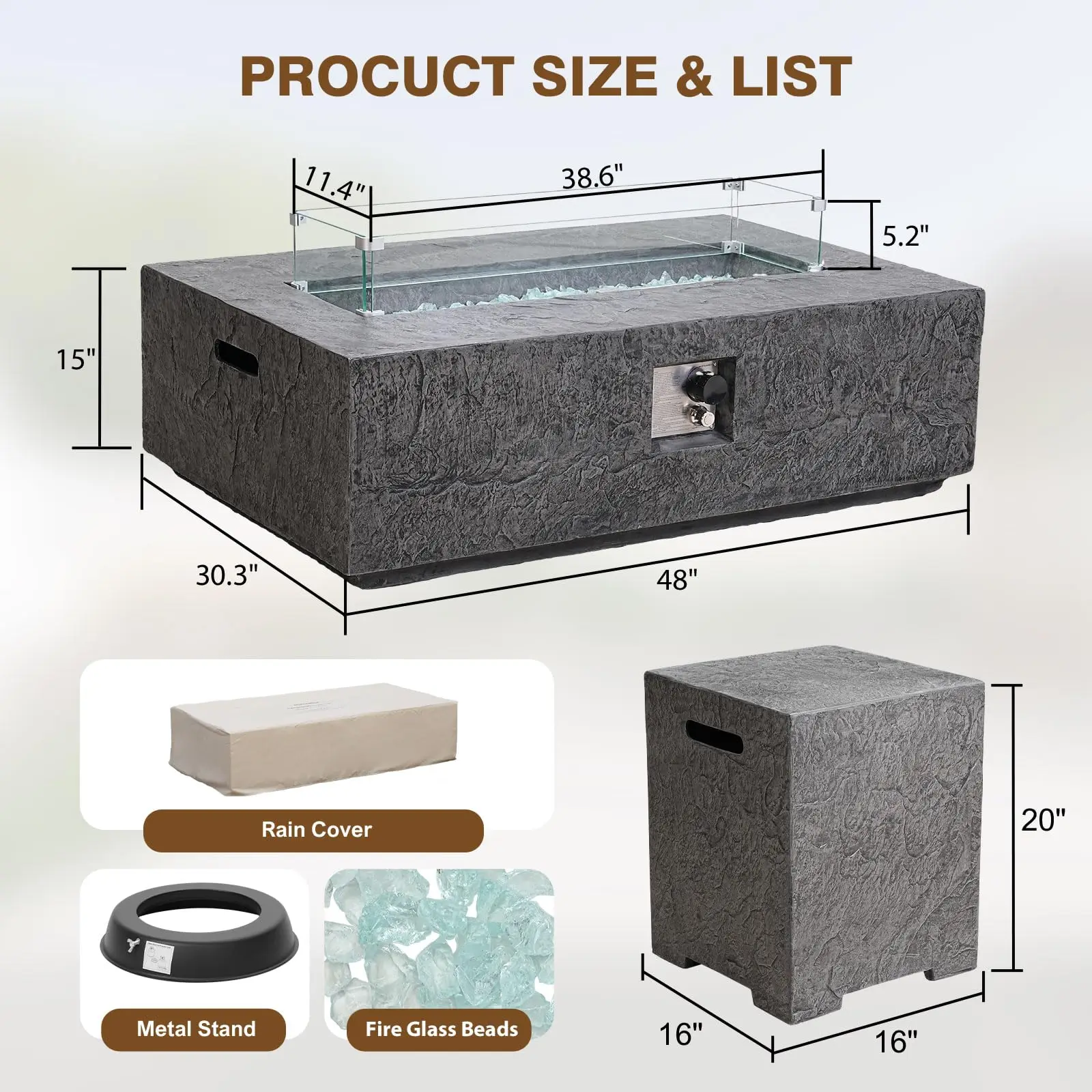 3-Piece Outdoor Propane Fire Pit Table Set – Premium Slate-Like MgO Finish, Gas Fire Table with Tank Table & Glass Wind