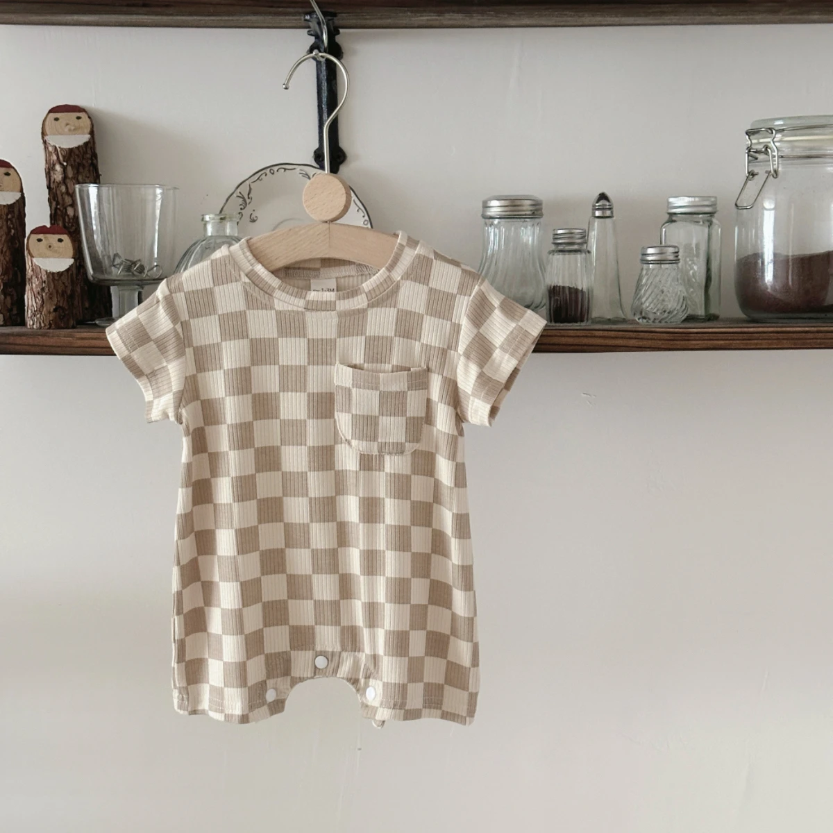 Newborn Baby Bubble Romper Short Sleeve Bodysuits Summer Casual Checkerboard Print Cute Baby Clothes for Infants